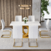 Table and chair set.Subtle Luxury Tempered Glass Dining Set - 63"x35.4" with 6 White PU Material High Resilience Dining Chairs.Arched Metal Gold Leg.White imitation marble texture sticker Tabletop.
