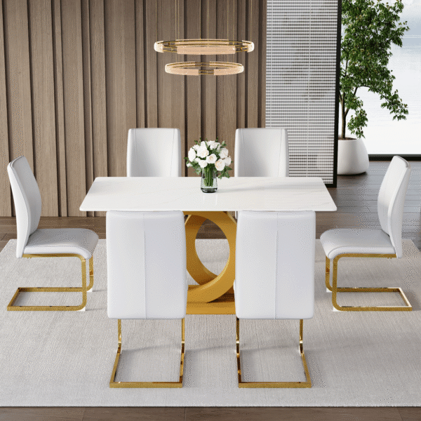1e62e003ce594a5699110fceac69a41e_693cc1e0087def4257563d4aa4a51e8c Table and chair set.Subtle Luxury Tempered Glass Dining Set - 63"x35.4" with 6 White PU Material High Resilience Dining Chairs.Arched Metal Gold Leg.White imitation marble texture sticker Tabletop.