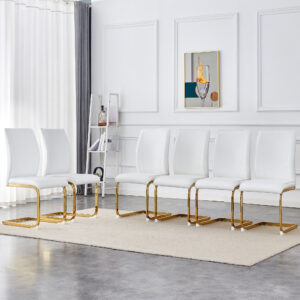 Luxury Simple Arch Chair - Set of 6 White PU Material High Resilience Dining Chair with Arched Metal Gold Leg.