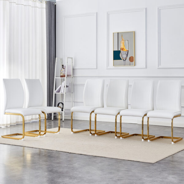 1e6592e55e144236aa80bb0b33562fbf_1a40ce745fa26e210e605f8260e9d64d Luxury Simple Arch Chair - Set of 6 White PU Material High Resilience Dining Chair with Arched Metal Gold Leg.