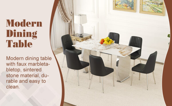 1e661f7fbfe4460eb0e43a8fdb8ca2dd_715d904bf6a705acb131d2d43655c1d6 Table and chair set.63*31.4 Inch Pandora Patterned Sintered Stone Dining Table Set - 6 Black Chairs With Silver Metal Legs.Modern Light Luxury.Perfect For Dinner Room,Meeting Room,Kitchen,etc.