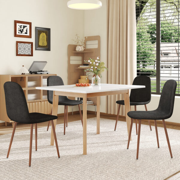 1eaec69495594bf8a3d7e32be8bd017f_78902fa48517cb756801d56d7156e941 Table and chair set.White Sintered Stone Tabletop, Rubberwood Legs,Foldable Computer Desk, Foldable Desk.Paired With 4 Black Linen-Cotton Material High Resilience Dining Chair with Metal Leg.