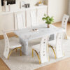 Table and chair set.63"*35.4" White Imitation Marble Pattern MDF Dining Table Set - 6 PU Chair With White Saddleback, Geometric Pattern Backrest,Golden Curved Metal Leg.Suitable For Various Scenes.