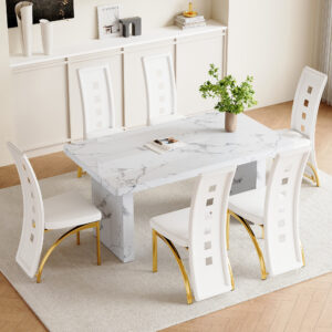 Table and chair set.63"*35.4" White Imitation Marble Pattern MDF Dining Table Set - 6 PU Chair With White Saddleback, Geometric Pattern Backrest,Golden Curved Metal Leg.Suitable For Various Scenes.