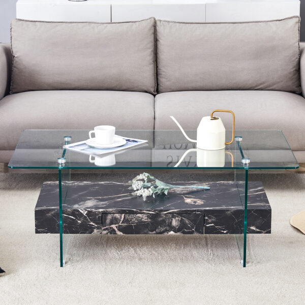 1ebbe19595264178ae2ae658e871a2db_aabefd430a7dbf811358ce7fb113bf0c 43.3 Inch Modern Two-Tier Coffee Table - Clear Tempered Glass and Black Marble Texture, Multifunctional Storage Design.The bottom tier includes a drawer.Can be used as a coffee table,side table,etc.