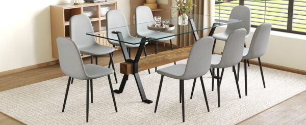 1ecb0c031fe140c79440f24bd191ea86_681da2d2f5bd9ef31a9c0cbd04473d5a Table and chair set.79"x31.5" with X-shaped Black Metal Table Legs,Wood Grain Textured MDF Crossbeam.Paired With 8 Chairs Made Of Light Gray Lnen Fabric.Iron pipe spraying Legs.