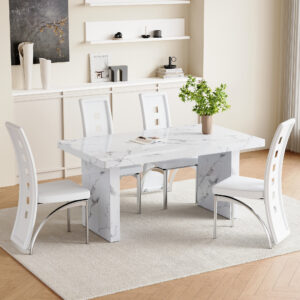 Table and chair set.63"*35.4" White Imitation Marble Pattern MDF Dining Table Set - 4 PU Chair With White Saddleback, Geometric Pattern Backrest,Silver Curved Metal Leg.Suitable For Various Scenes.