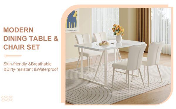 1ef91b38175142f6872b5eeea28bc709_35959a3477a54653c6333eb75c9ff853 55"x31.5"Cream-Style White MDF Dining Table Set with 4 Armless Chairs.MDF Tabletop and metal legs.The backrest of the dining chair has a vertical line design.Adding a warm atmosphere to your family.
