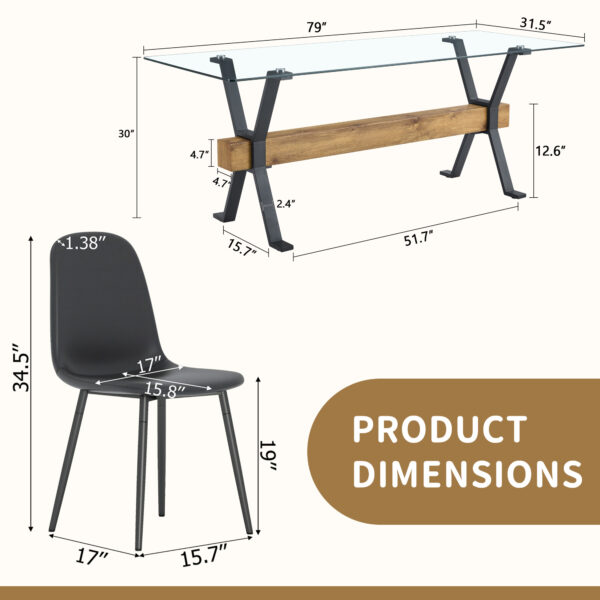 Table and chair set.79"x31.5" with X-shaped Black Metal Table Legs,Wood Grain Textured MDF Crossbeam.Paired With 8 Modern Mid-Century Style Upholstered Side Black PU Chairs.