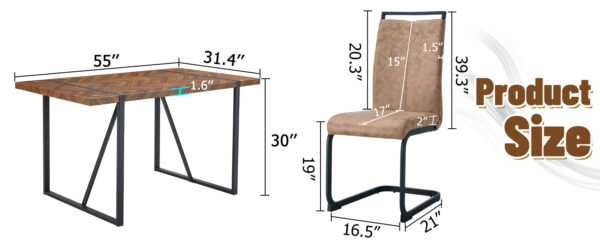 Table and chair set.A retro rectangular dining table with fishbone patterned MDF desktop and black metal legs.Paired With 4 Brown technology fabric chairs with Featuring arched black legs.