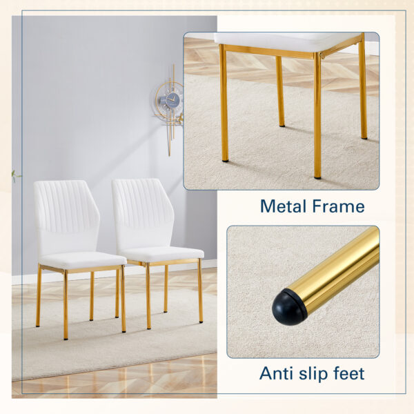 1f2192bab0164d07b3ebe18b4ae4d671_8bafb66e738be1df8ee297228e8045e3 Luxury Simple Chair - Set of 6 White PU Material High Resilience Dining Chair with Metal Gold Leg.The Chair Back Has a Vertical Stripe Design With Smooth And Uniform Lines.