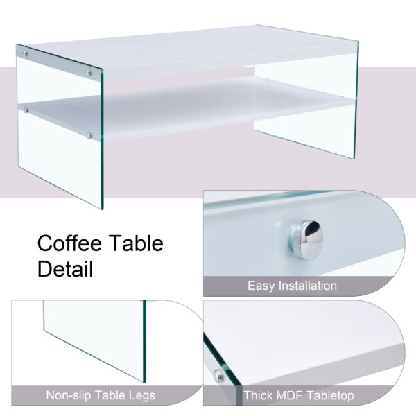 Double rectangular coffee table. The board surface is MDF, with white stickers, and both sides are transparent tempered glass. Suitable for living room, bedroom and other occasions.