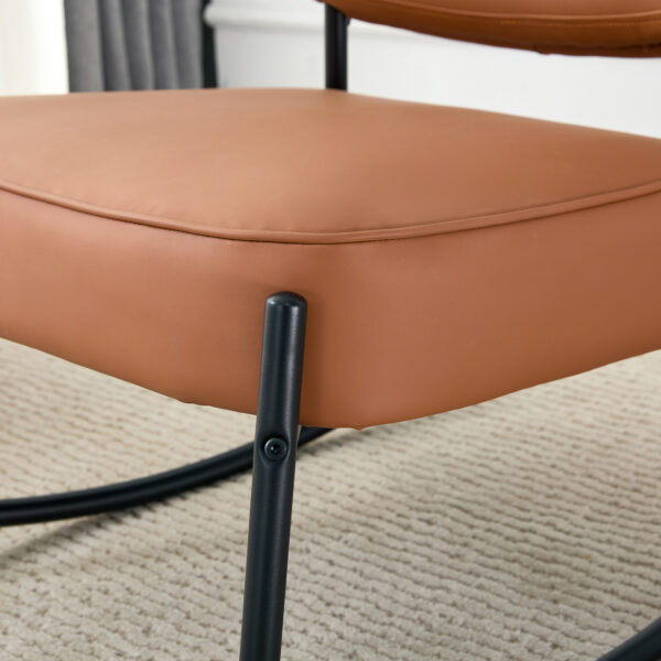 PU material cushioned rocking chair, unique rocking chair, cushioned seat, brown backrest rocking chair, black metal legs. Comfortable side chairs in the living room, bedroom, and office