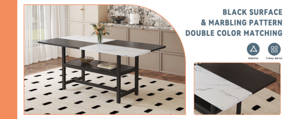 Table and chair set.71*35.4 inch White And Black Spliced Dining Table With Storage Function In The Middle Of The Table Legs.Paired With 8 Light Gray Linen Fabric Chairs.