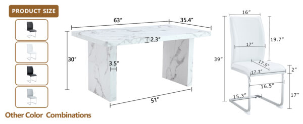 1f6e74d53b454bfaa55cc6fb2850295a_ea585b2470771a33daef4bc506ea3fb0 Table and chair set.63"*35.4" White Imitation Marble Pattern MDF Dining Table Set - 4 Soft and Comfortable White PU Chair With Arched Metal Silver Leg.Create Your Exclusive Low-Key Luxury Space.