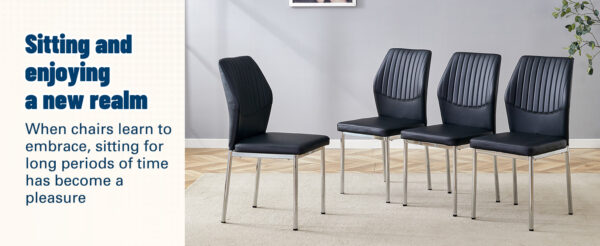 1f79ec8d7dc0445cb77d09352ac3722f_ac80c4ae7d5491174b8cc50f3e9e88fa Luxury Simple Chair - Set of 6 BLACK PU Material High Resilience Dining Chair with Metal Silver Leg.The Chair Back Has a Vertical Stripe Design With Smooth And Uniform Lines.