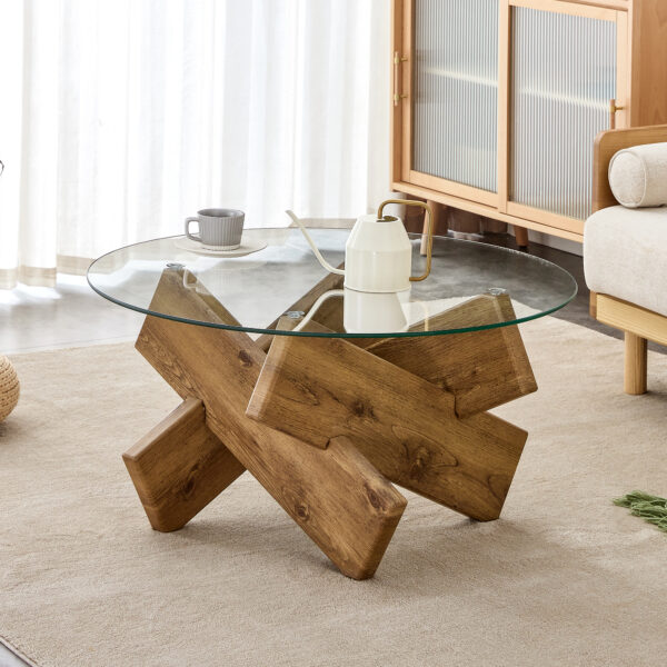 Circular glass coffee table, 33.4-inch modern and distinctive design tea table. Tempered glass countertop, wood colored MDF table legs. Suitable for living rooms and farmhouses