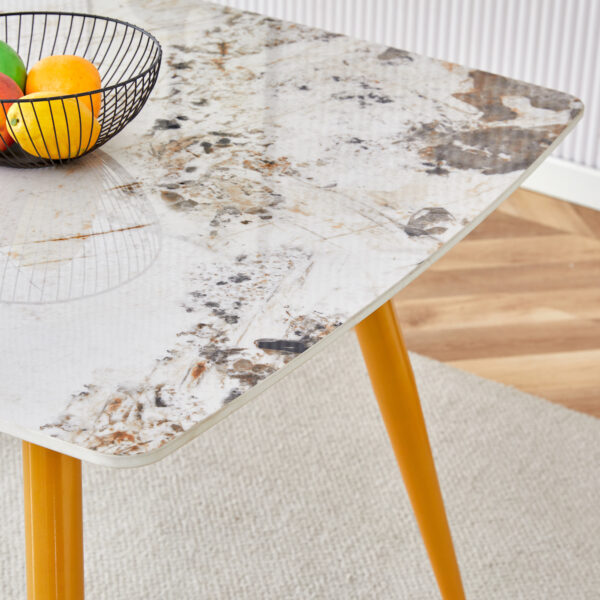 1f87d4a897394fffaeeb8b74abed911c_a8370a29923f012c77105180a26702d8 Modern minimalist dining table. White imitation marble pattern SINTERED STONE desktop with golden metal legs.62.2"*34.6"*30" F-001