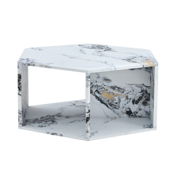 1f991721f7284ea79fecf6eb7c9290f8_1be18f55b0725160595561928ef2c851 Hexagonal MDF coffee table, characteristic pattern stickers, multi-hole design to give more storage space, simple and convenient design makes it suitable for all kinds of style scenes.