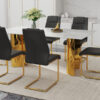 Table and chair set.The table has a glass tabletop with imitation marble pattern stickers and stainless steel golden table legs. Paried with comfortable chairs with PU seats and metal legs.