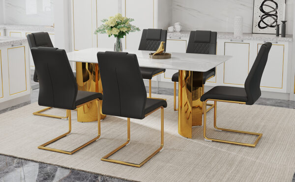 1f9a9a8a0cba42faaaa2a19a90240e1c_d10accd6c48a75bec1590ec40472a034 Table and chair set.The table has a glass tabletop with imitation marble pattern stickers and stainless steel golden table legs. Paried with comfortable chairs with PU seats and metal legs.