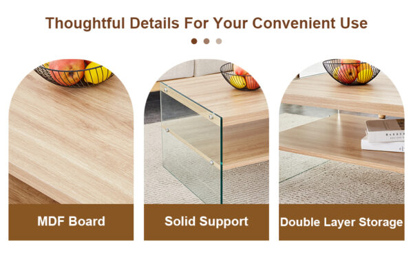 Three-tier side table and bunk coffee table set. The board is made of MDF with wood stickers and clear tempered glass on both sides. The design is simple and elegant, with powerful storage function
