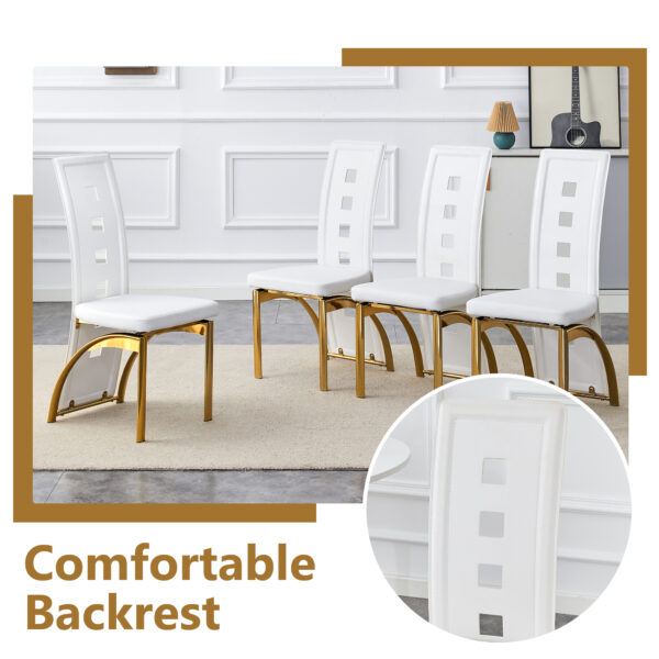 1faca90c26764540b84790f2a5b646bf_a411f7711a2b72179717c4e98b707ca0 Table and chair set.63"*35.4" White Imitation Marble Pattern MDF Dining Table Set - 4 PU Chair With White Saddleback, Geometric Pattern Backrest,Golden Curved Metal Leg.Suitable For Various Scenes.