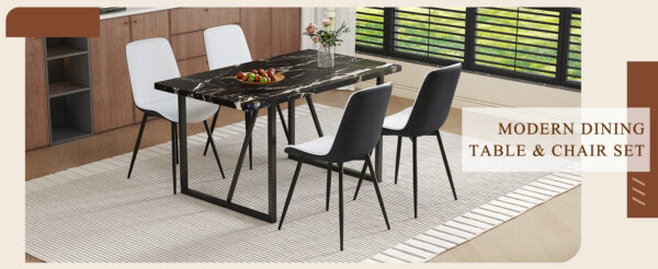 1fb22a93d1d04407b44d144a10611a93_30d0df2868c6553fd2efd040b0748ab3 Table and chair set.Modern Black Marble Pattern MDF Dining Table Set - 55"x31.4" with 4 Extended Seat Cushion PU Dining Chairs.White and Black Splicing Colors Cushion.Iron Pipe Spraying Chair Legs.