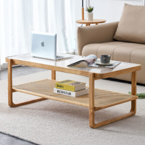 Modern simple rectangle double-layer solid wood Glass desktop tea table rattan woven Chinese side table small rectangle table suitable for living room, dining room and bedroom