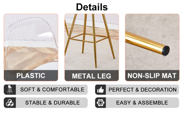Modern and comfortable upholstered bar chairs, metal legs, small size bar chairs, suitable for part of the crowd, stylish design for dining room, kitchen, terrace and living room chairs.