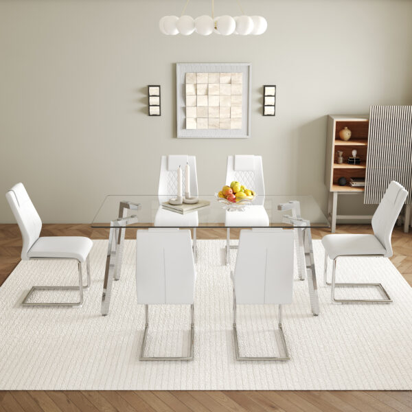 1fca8f36e6014223a31c4db8e7ce2906_9d6d1a282111910111755eead185736a Table and chair set.71 * 35.4 inch rectangular dining table.Tempered Glass Tabletop,Silver 7-shaped Metal Table Legs.Paried With 6 White High-quality PU Chairs With Arched Metal Legs.