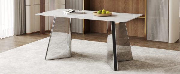1fd34ddaf6d547ae954da99ca480b8bb_b331fef94654e7c74e8ada208032cf33 63"x31.5x30" Luxurious Snow Mountain Stone Sintered Stone Dining Table with Silver Stainless Steel Butterfly Legs.The tabletop is designed to be scratch and heat resistant.