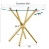 Round clear glass dining table with a unique shape for 4-6 people, with ring-shaped gathered gold metal legs, suitable for desks, kitchens, terraces, dining rooms.