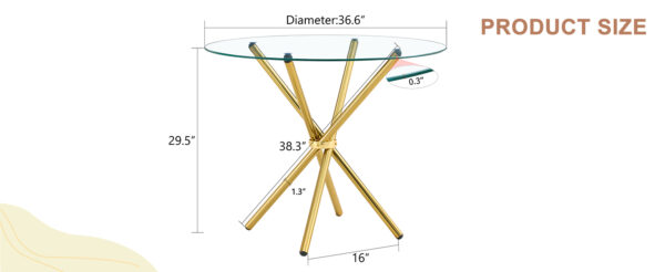 1ffa83a20ca1459b8b7a9a5dfd98d1a8_2790eed49da49837df7a5fee13cba143 Round clear glass dining table with a unique shape for 4-6 people, with ring-shaped gathered gold metal legs, suitable for desks, kitchens, terraces, dining rooms.