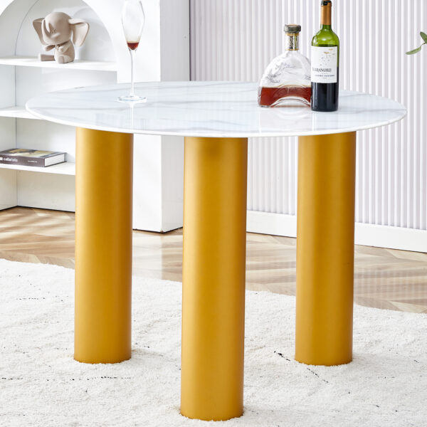Round white dining table, artificial marble glass stickers, golden MDF legs, kitchen dining table, living room dining table 40 "* 40" * 29.4 "F-X03