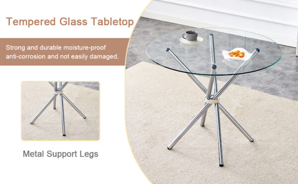 200fdb36a6fa452f89b57b86f937d092_3db6e5d7f43c3588e1bb48ccf09044e8 Table and chair set.36.6"Round clear glass dining table with a unique shape with ring-shaped gathered silver metal legs.Paired with 4 Dark gray high-quality PU dining chairs with silver metal legs.