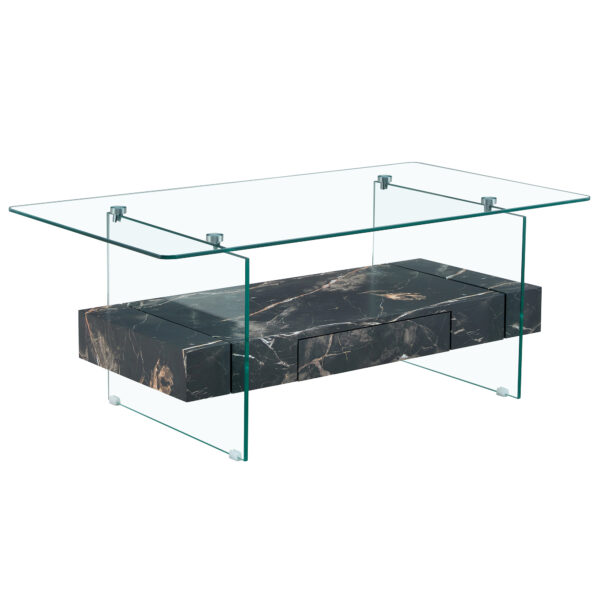 2010053dabd44ad6980093e5b4ae4d6f_4108af2553377ef37e3d6ad4b7d3b756 43.3 Inch Modern Two-Tier Coffee Table - Clear Tempered Glass and Black Marble Texture, Multifunctional Storage Design.The bottom tier includes a drawer.Can be used as a coffee table,side table,etc.