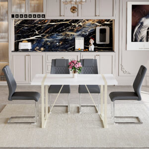 Table and chair set.55"x31.4" Cream-Style White MDF Dining Table Set with 4 Dark Gray Chairs With Silver Metal Legs.MDF Tabletop and metal frame legs.Adding a warm atmosphere to your family.