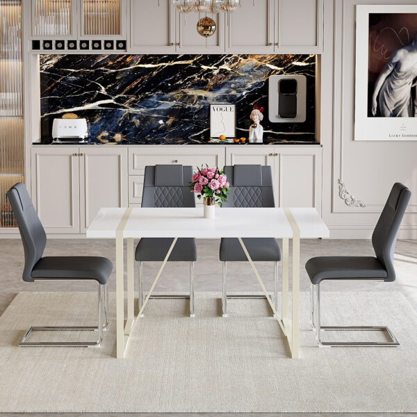 2016c92868084158a954584559919537_37c46f28a18ffb08842abb22028af63f Table and chair set.55"x31.4" Cream-Style White MDF Dining Table Set with 4 Dark Gray Chairs With Silver Metal Legs.MDF Tabletop and metal frame legs.Adding a warm atmosphere to your family.