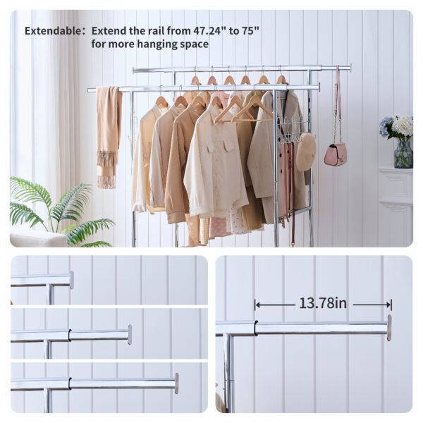 20275998d86b443db41daaefbe846381_e3d074e5934a8cd5cc7ef710ae279364 Double Clothing Garment Rack with Shelves Capacity 800lbs Clothing Racks on Wheels Rolling Clothes Rack for Hanging Clothes Heavy Duty Portable Collapsible Commercial Garment Rack