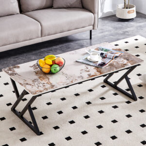 A coffee table is made of rock slab material, with a natural and smooth marble pattern on the surface, which complements the modern design of the black metal legs and adds a touch of fashion.47*23.6