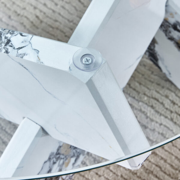 2059eb9a21d244da8bf8e64989e9798a_5eed322415d82b73a6d78ecd396823ba Round glass coffee table, 33.4 "modern design unique coffee table. Tempered glass countertop with white patterned MDF legs. Suitable for living and dining rooms