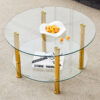 Contemporary Minimalist Double Layer Tempered Glass Coffee Table - 27.5" Top and 23.6" Bottom.Reinforced Glass Tabletop,Stainless Steel Gold Plated Legs.