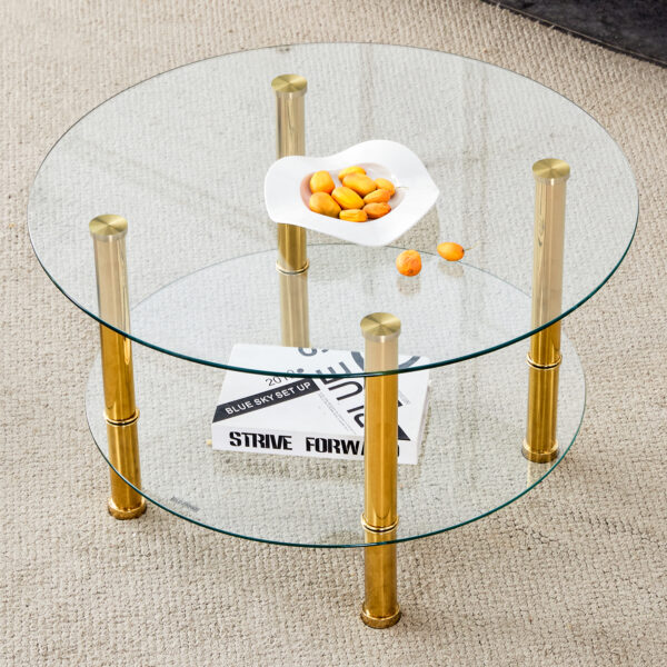 208034d9a37e430694f39083fb27b91b_4f78909411d38ab126cf30ada1333672 Contemporary Minimalist Double Layer Tempered Glass Coffee Table - 27.5" Top and 23.6" Bottom.Reinforced Glass Tabletop,Stainless Steel Gold Plated Legs.