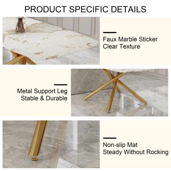 2093b34242e14335bdc9fe755d7fd4da_272033135bcf6c258212f074cf46af31 Table and chair set.Modern Luxurious Tempered Glass Dining Table Set with Gold Metal Legs and 8 PU Chairs.White marble-patterned sticker tabletop,black chairs with gold metal legs.