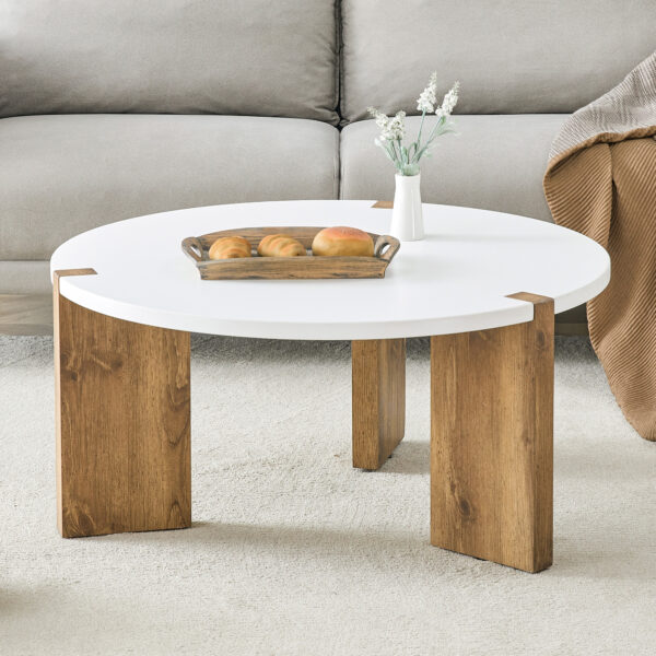 20baa1d658fa41f5962ab2754261bae4_17ff526140cc120c0ea0aec781e84674 33.4-inch diameter minimalist circular MDF material coffee table, a stable and practical choice. The unique embedded design and the support of three table legs make the coffee table structure stable.