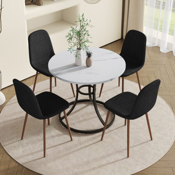 20bd81410c72408bbc5c46619518e799_135a47e22f5d405cf048a75698a1cbeb Table and chair set.A Modern Minimalist Circular Dining Table With A Diameter Of 33.3 Inches.Paired With 4 Black Linen-Cotton Material High Resilience Dining Chair with Metal Leg.