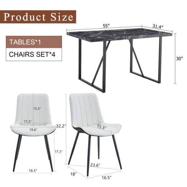 20bf91c6f697437999e558cb8ff6542b_f221ef5faabf1128527a2c87ce2bf1bb Table and chair set.Modern Black Marble Pattern MDF Dining Table Set - 55"x31.4" with 4 Extended Seat Cushion PU Dining Chairs.White and Black Splicing Colors Cushion.Iron Pipe Spraying Chair Legs.