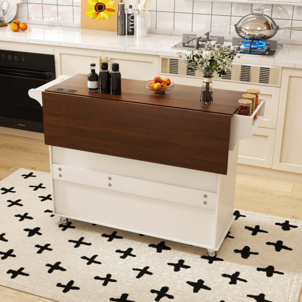 20e0cf1ab71e4059902e4421d18b15bc_5d3fbb8d22091fb4062c59b6d6f114ad White Kitchen Island Cart with Foldable Tabletop & Drop Leaf - Mobile Breakfast Bar on Wheels with Wood Top and Storage
