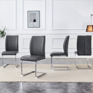 Luxury Simple Arch Chair - Set of 4 Dark Gray PU Material High Resilience Dining Chair with Arched Metal Silver Leg.Crazy Horse Texture PU Dining Chairs.